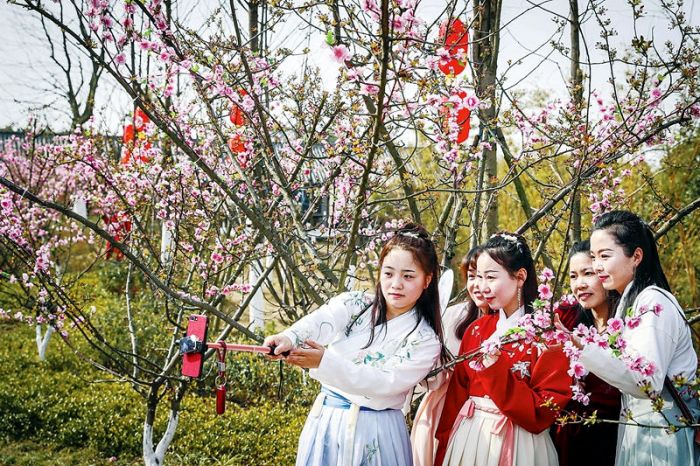 3月16日，2019中國·池州首屆賞花會開幕，游人在杏花村文化旅游區賞花踏春。記者 范柏文 攝