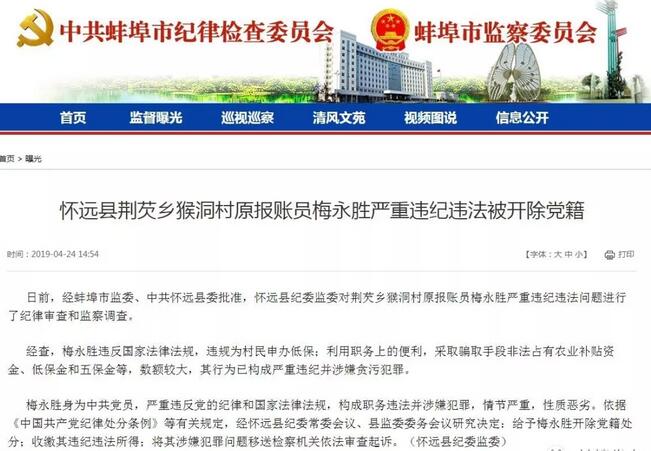 蚌埠市荊芡鄉猴洞村原報賬員嚴重違紀違法被開除黨籍